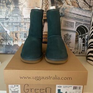 ‼️SOLD‼️UGG Classic Short Boot Pacific Green women 6 Leather/SheepskinLiningNIB